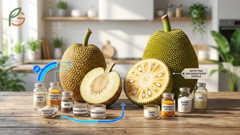 Nutritional profile comparison highlighting fiber content and vitamins in breadfruit versus jackfruit.