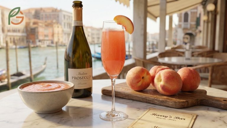 What is a peach bellini cocktail featuring fresh peach puree and sparkling Prosecco ingredients.