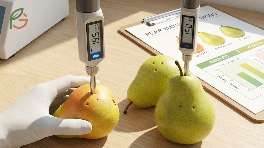 Pear maturity signs using firmness testing where flesh feels hard like wood before harvesting for storage.