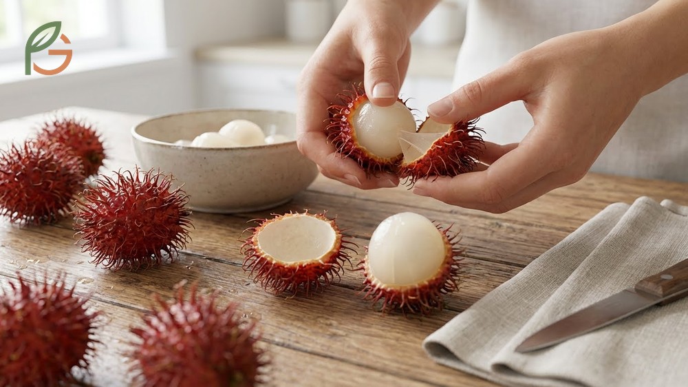 Peeling rambutan fruit reveals the edible white flesh containing nearly 1g of dietary fiber per serving.
