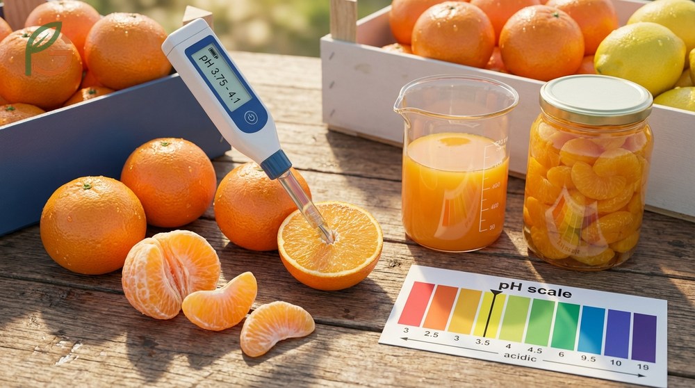 pH level mandarins breakdown for fresh flesh at 3.75 versus canned varieties and juice acidity.