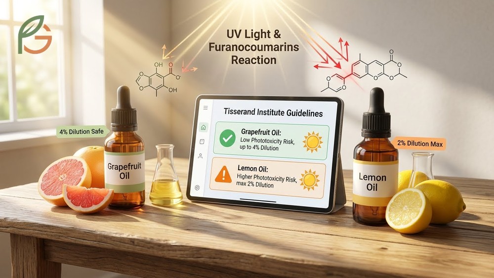 Phototoxicity of grapefruit oil requires avoiding sun exposure for 12-24 hours after application to prevent skin burns or pigmentation.