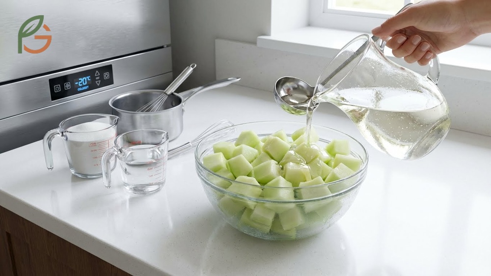 Preserve honeydew freezing technique using sugar syrup to enhance color and flavor retention.