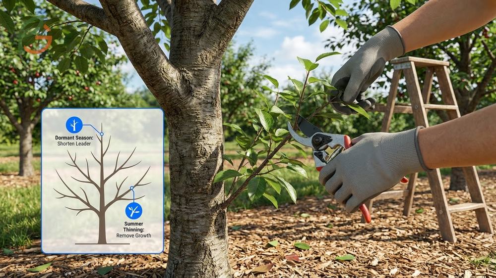 Pruning for size control involves summer thinning cuts to keep cherry trees at a manageable 8-10 foot height.