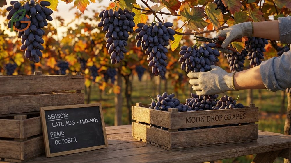 Season and availability of Moon Drop grapes depicted by fresh autumn harvest displays in a specialty store.