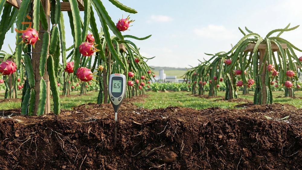Dragon fruit soil mix pH requirements tested with a digital meter to ensure acidity levels remain between 6.0 and 7.0 for nutrient uptake.