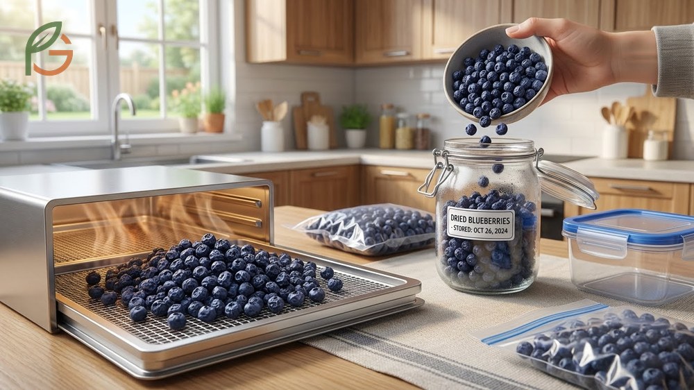 Storage dried blueberries in sealed glass jars keeps them fresh for up to one year in cool locations.