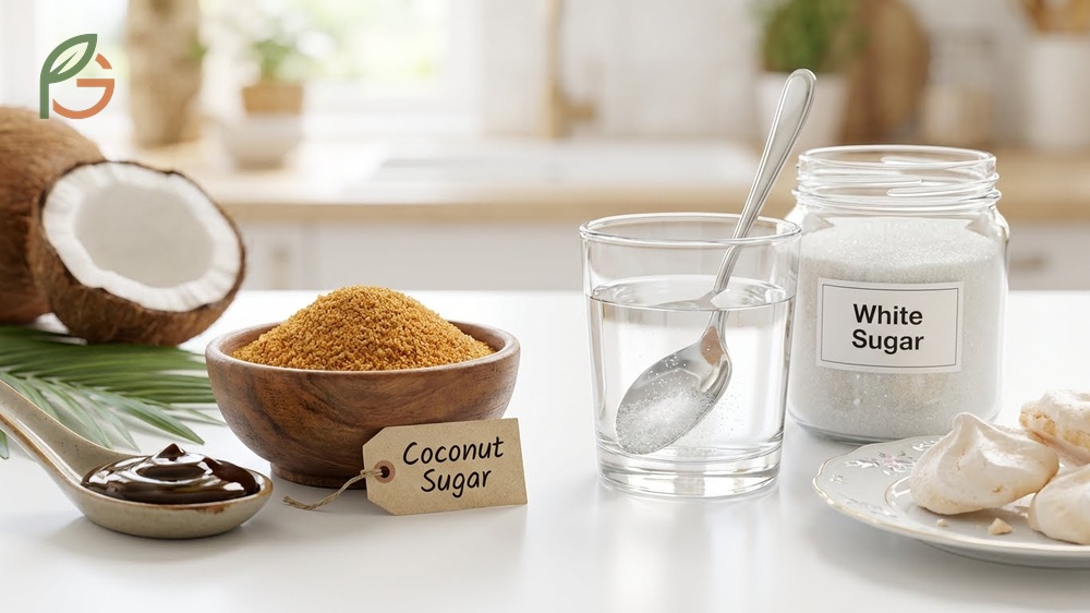 Taste and flavor differences describing caramel notes of coconut sugar versus the neutral sweetness of granulated white sugar.