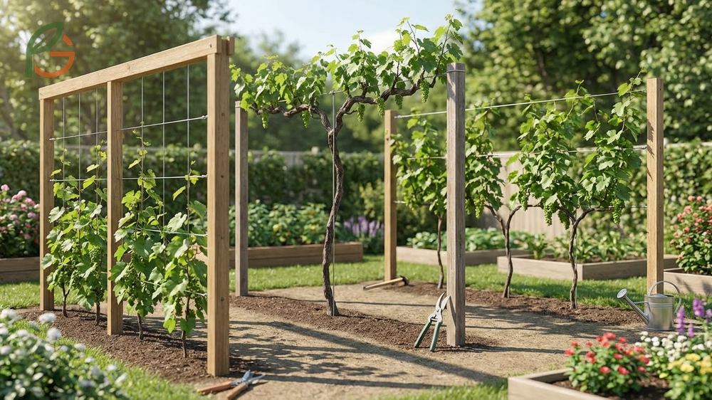 Types of trellis for grapes for backyard design options like Geneva double curtain doubling fruiting capacity.