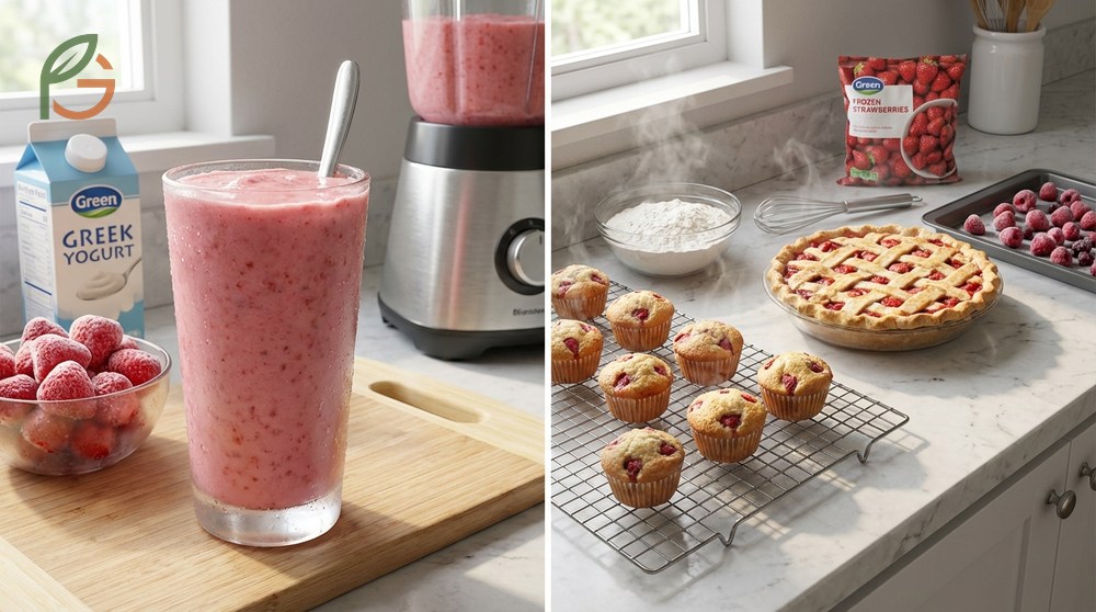 Uses for frozen strawberries in smoothies and muffins where soft texture blends perfectly.