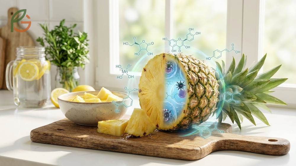 Antioxidants in pineapple like flavonoids and phenolic acids protect cells from oxidative stress and inflammation.
