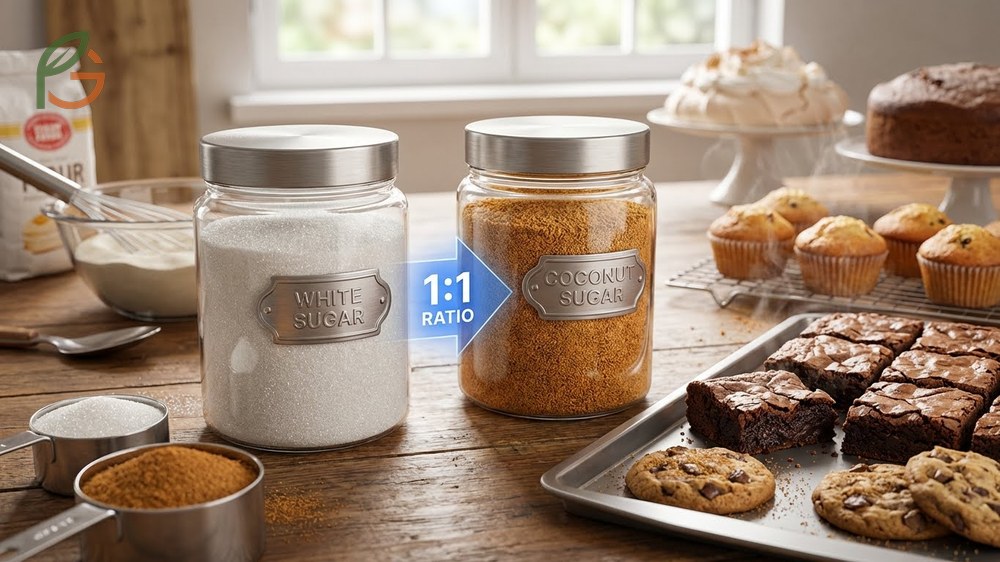Baking substitution ratio demonstrating a 1 to 1 replacement of white sugar with coconut sugar for moist brownies and cookies.