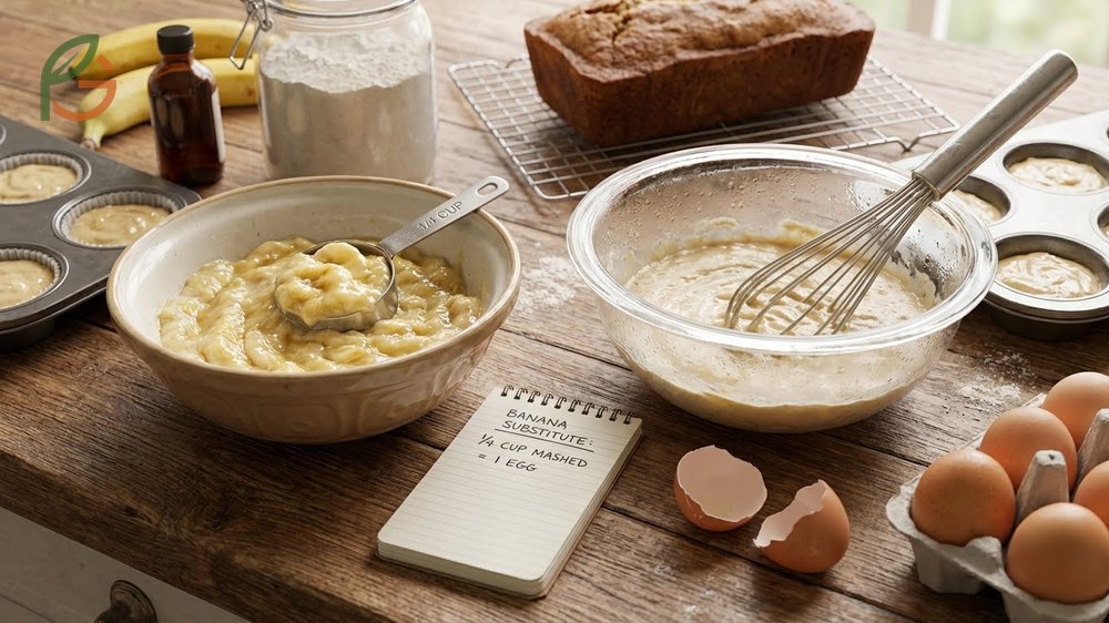 Banana substitute for eggs requires one quarter cup of mash to effectively replace one large egg in recipes.