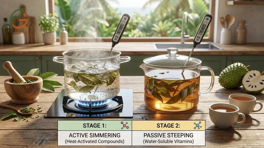 Brewing soursop tea requires simmering at 85 to 90 degrees Celsius for 15 to 20 minutes for optimal extraction.