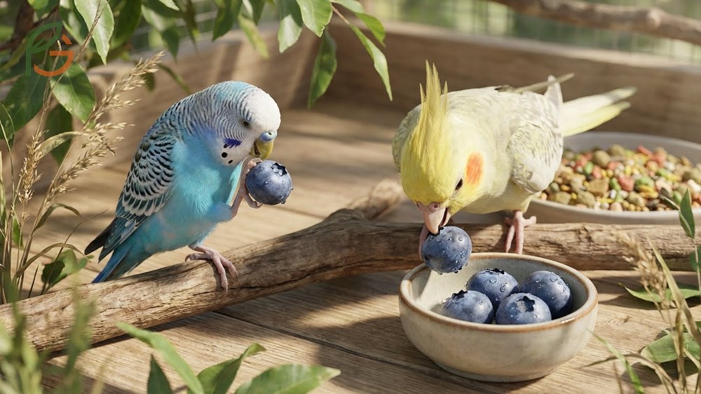 Can budgies and cockatiels eat blueberries as a source of hydration and fiber in small weekly portions.