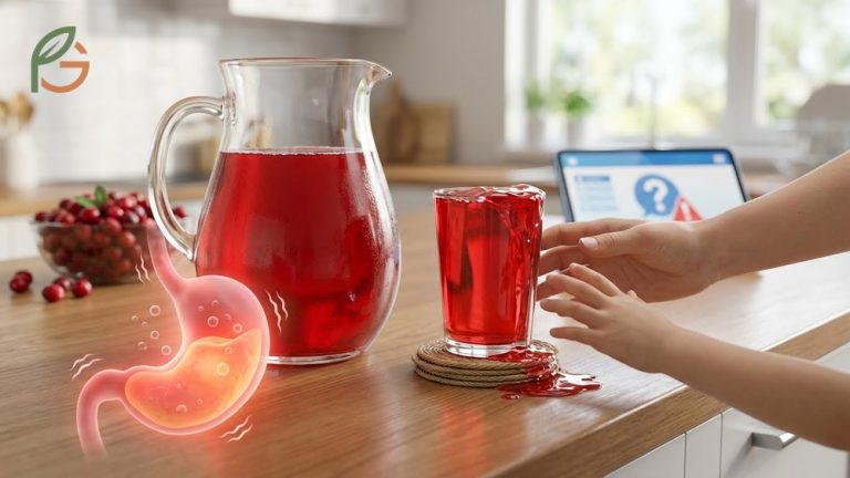 A glass of fresh red cranberry juice, often discussed for its potential digestive side effects.