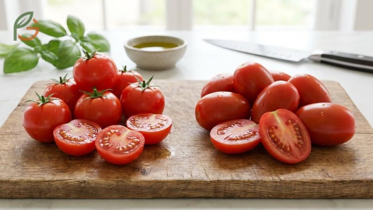 Cherry vs grape tomatoes differ significantly in shape and texture with cherries being round and juicy while grapes are oval and meaty.