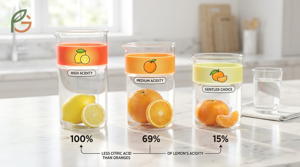 Citrus acidity comparison placing mandarins between lemons and oranges for culinary and dietary choices.