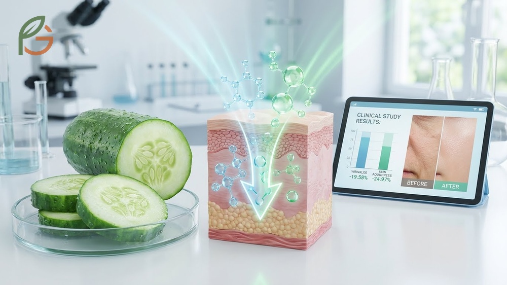 Cucumber benefits for skin demonstrating a 19 percent decrease in wrinkles and improved moisture retention through natural extracts.