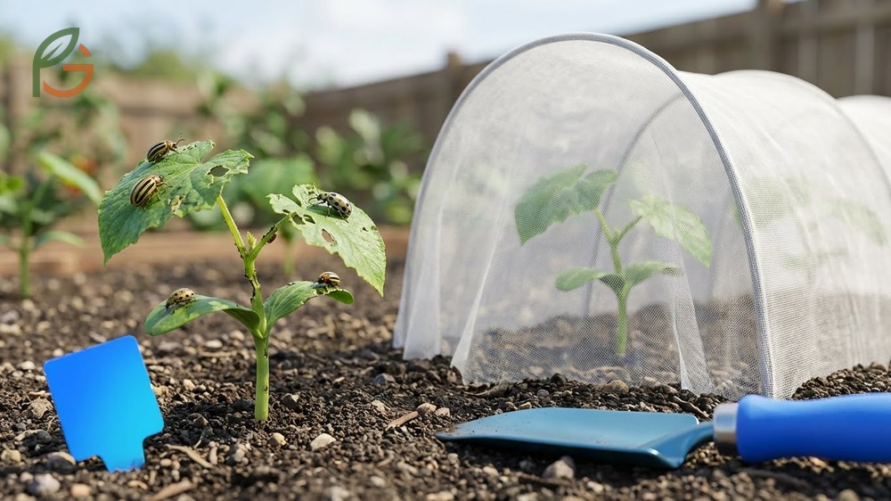 inspecting cucumber leaves for signs of beetles or powdery mildew to ensure plant health.