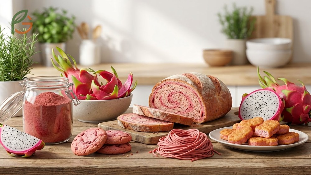 Dragon fruit skin uses in the food industry for natural coloring and fiber enrichment in baked goods.