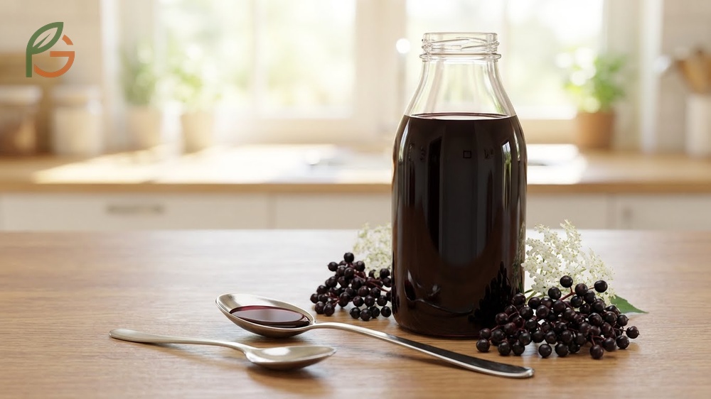 Elderberry syrup dosage recommendations showing a 15 ml tablespoon serving for adults to support immune health.