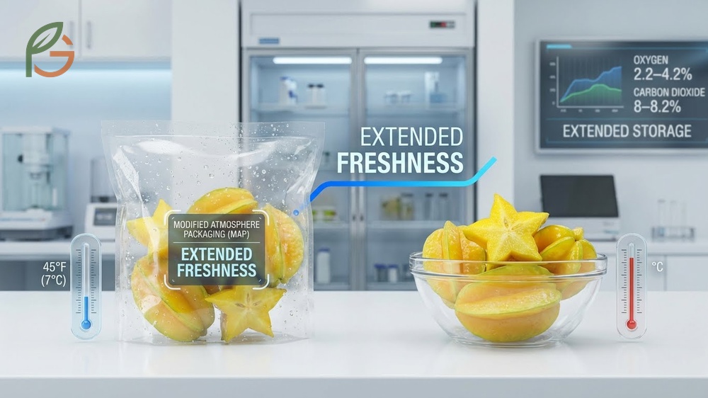 Extend starfruit freshness by cooling fruit to 45 degrees within 4 hours of harvest or market purchase.