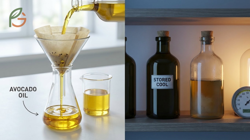 Best practices for filtering and storage of homemade avocado oil to prevent rancidity.
