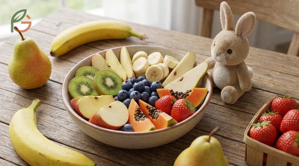 Fruits safe for bunnies list featuring apple slices and berries suitable for occasional treats.