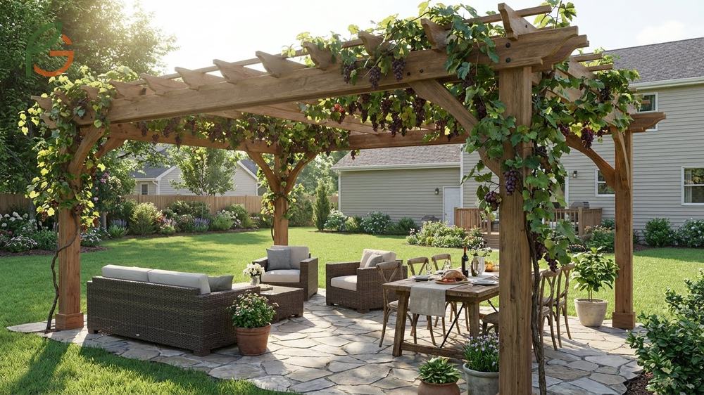 Grape vine trellis systems utilizing arbor and pergola designs to provide shade and reduce patio temperatures.