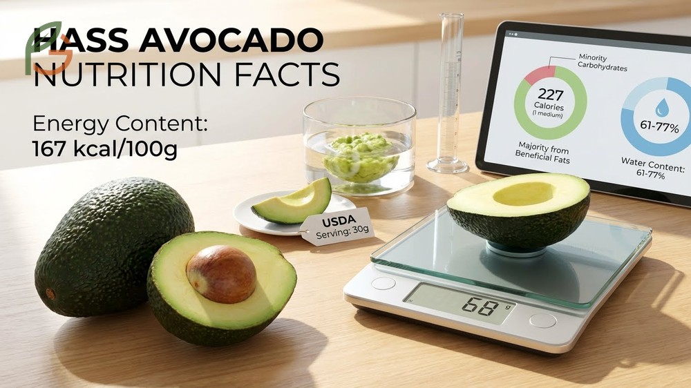 Hass avocado nutrition facts highlight beneficial fats and a USDA serving size of one fifth fruit.