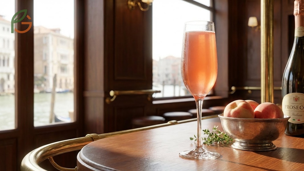 What is a peach bellini origin story from Harrys Bar in Venice created by Giuseppe Cipriani.
