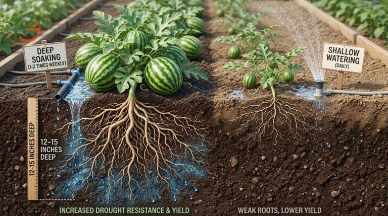 How often to water watermelon depends on deep soaking methods to encourage deep root growth for better yields.