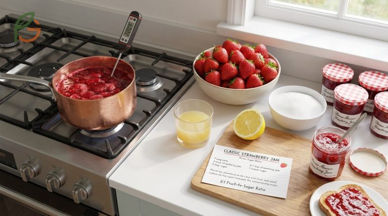 Fresh strawberries and sugar prepared for making classic strawberry jam with a traditional fruit to sugar ratio.