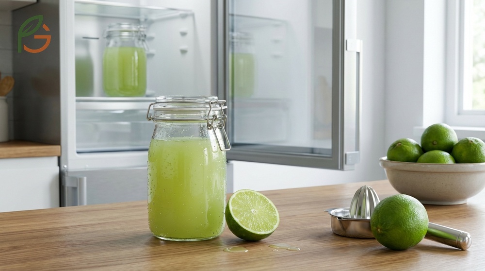 How to store fresh lime juice using airtight glass jars on interior fridge shelves at 40F.