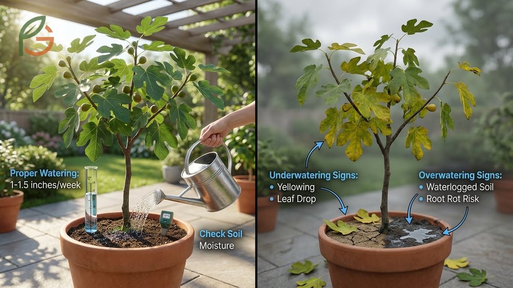 How to water a fig tree with 1 to 1.5 inches of water weekly to prevent leaf drop.