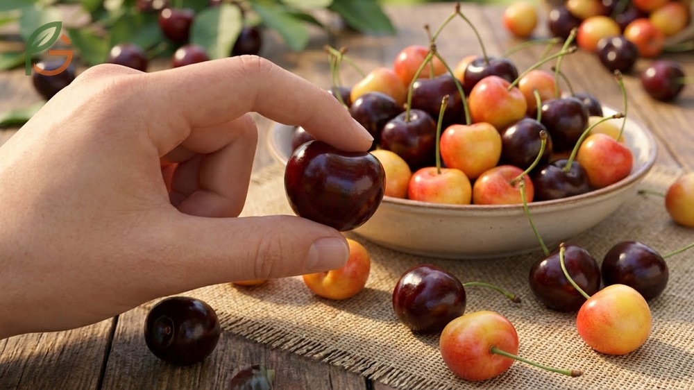 Identifying ripe cherries by checking for deep uniform color and firm texture with fresh green stems attached.