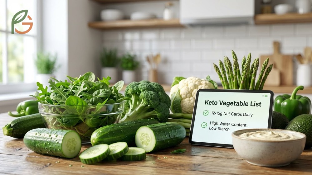 Keto vegetable list highlights options under 5g net carbs including spinach and cucumbers for variety.
