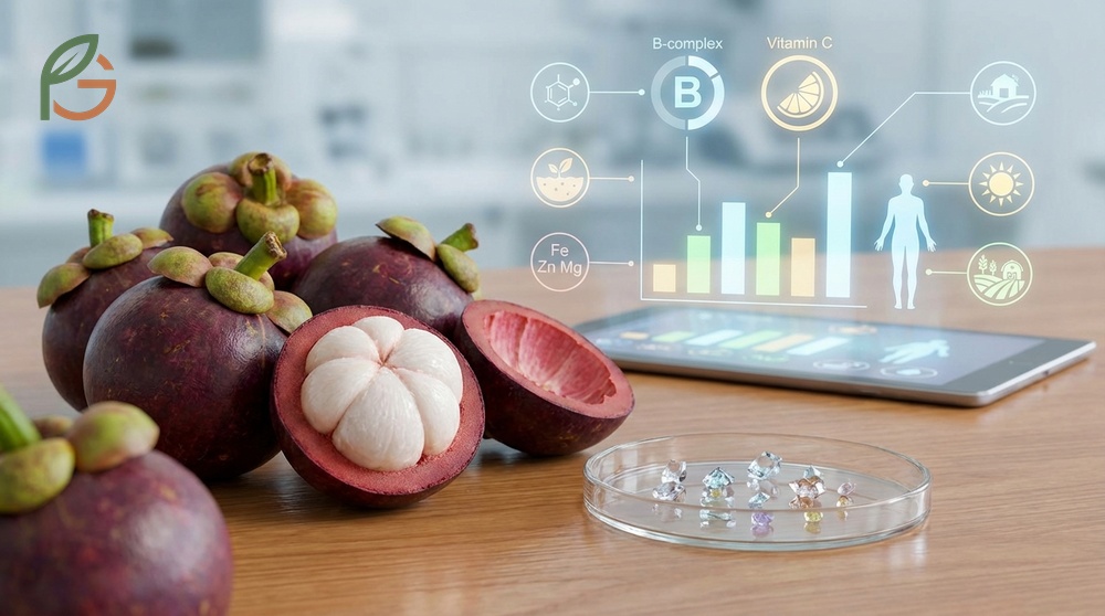 Mangosteen nutrition facts chart featuring B complex vitamins and 31 micrograms of folate per serving.