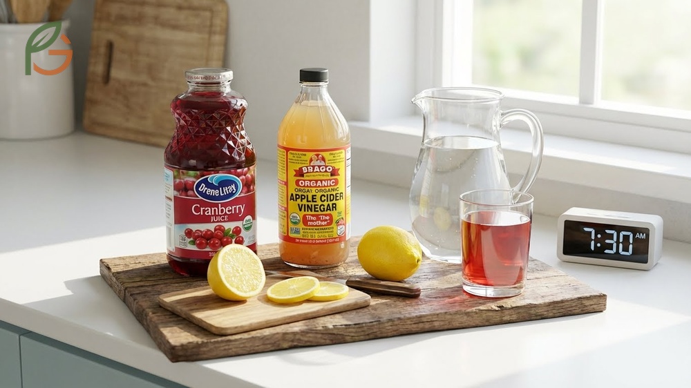 Morning detox drink recipe using four ounces of cranberry juice and two teaspoons of organic apple cider vinegar.