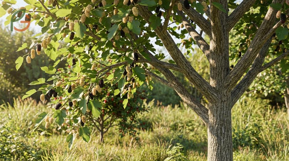 Morus alba white mulberry tree with smooth glossy leaves and aggressive growth in urban zones.