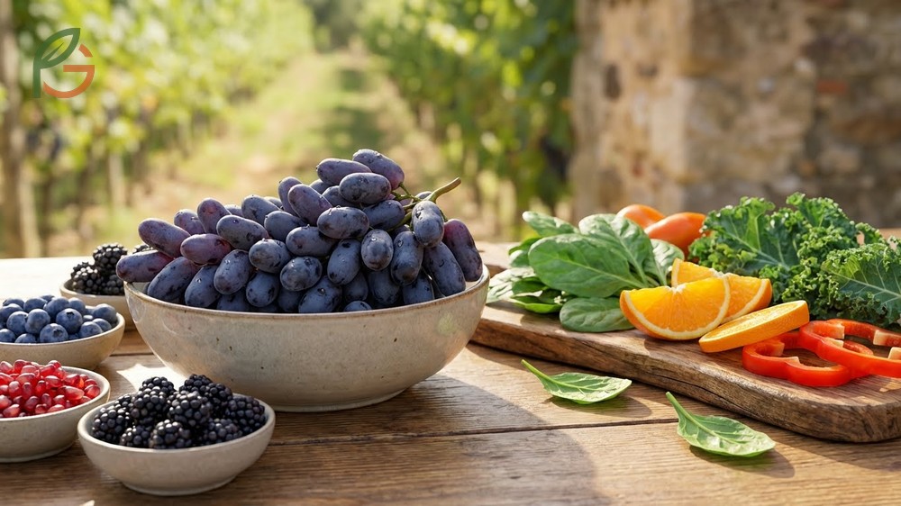 Nutritional value and health benefits of Moon Drop grapes shown with fresh fruit rich in antioxidants and vitamins.