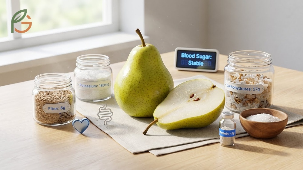 Nutritional value of pears highlighting 6 grams of fiber and 27 grams of carbohydrates.