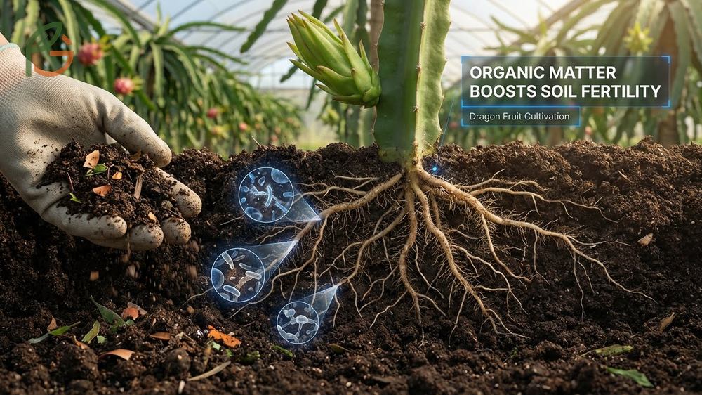 Organic matter in dragon fruit soil mix comprising 15 to 20 percent of total volume to improve structure and fertility.