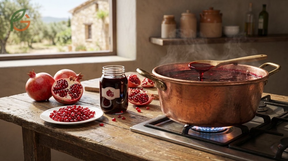 Pomegranate molasses definition involves simmering juice until volume reduces by 75 percent to create a viscous condiment.