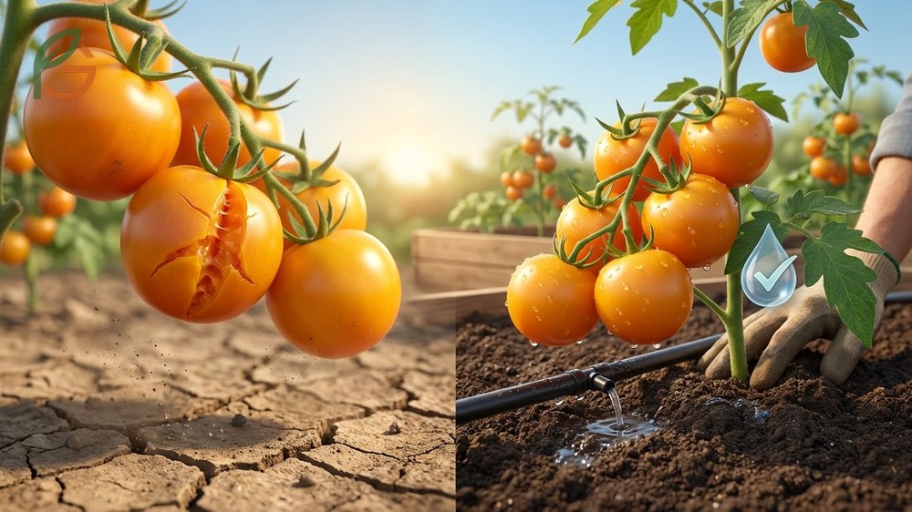 Preventing tomato cracking by maintaining consistent soil moisture and applying organic mulch around the plants.