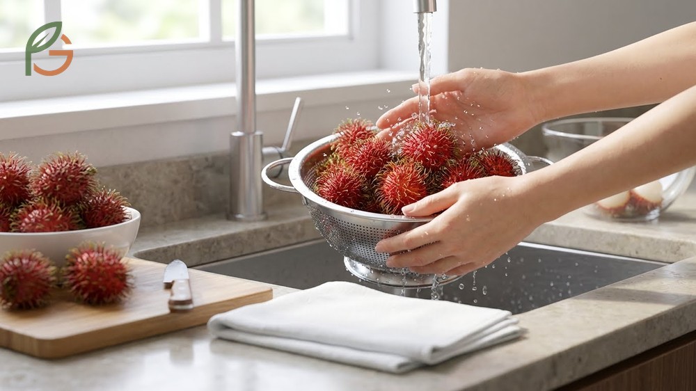 Rambutan preparation method involves washing fruits under cool water for 10-15 seconds before peeling.