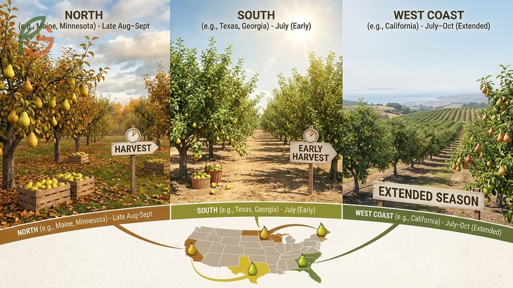 Regional harvest timing factors explaining how geography and climate shift picking schedules from July to October.