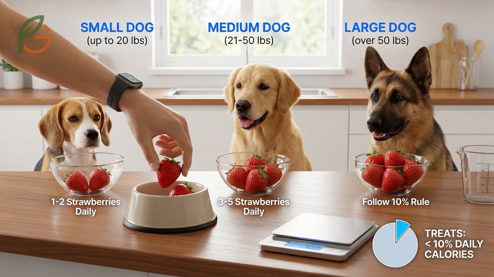 Safe serving sizes for strawberries based on dog weight following the 10 percent daily treat rule.