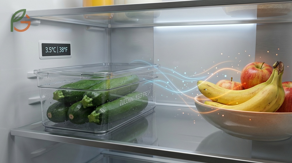 Storing zucchini fresh by isolating it from ethylene-producing fruits like bananas to prevent rapid ripening.